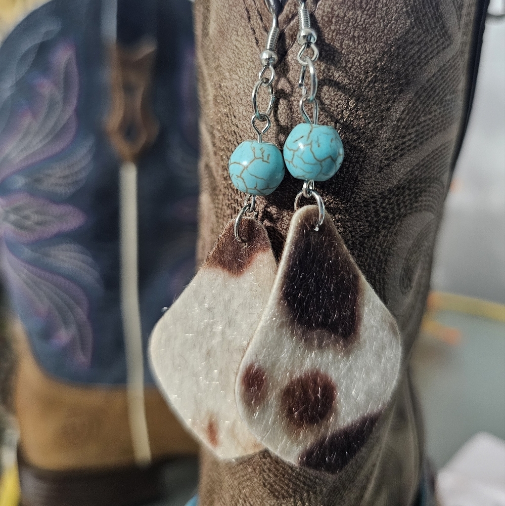 Faux Cowhide and Turquoise Earrings